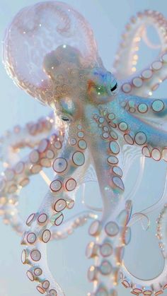 an octopus is floating in the air with bubbles