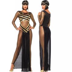 two women in black and gold costumes with one wearing a high slit skirt, the other showing