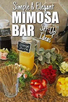 MIMOSA BAR / Simple & Elegant / Set-Up Ideas Mimosa Cart Bar, Mimosa Bar Set Up, Momosa Mimosa Bar, Party Serving Ideas, Mimosas Bar, Bar Set Up Ideas, Diy Mimosa Bar, Diy Mimosa, Mimosa Bar Ideas