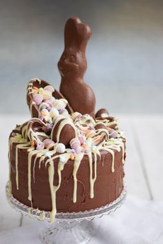 a chocolate cake with white icing and bunny ears on top, drizzled with candy