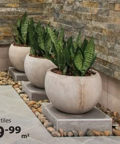 three large planters with green plants in them on concrete blocks next to a brick wall