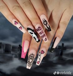 Pink French Coffin, Fake Nails Long, Black Ghost, Halloween Fest, Long Press On Nails, Halloween Press On Nails, Nagel Tips, Manicure Tips