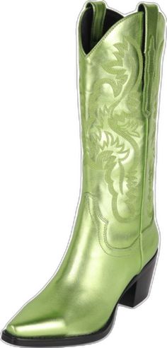 Green Western Boots With Pointed Toe, Green Pointed Toe Western Boots, Green Snip Toe Boots For Spring, Fitted Green Almond Toe Boots, Fitted Green Boots With Almond Toe, Green Almond Toe Boots For Spring, Spring Green Almond Toe Boots, Metallic Western Boots, Leather Pulls