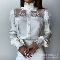 Lizakosht Elegant Lace Shirt Top for Women Sexy Y2K INS Clothes Long Lantern Sleeve Stand Collar Single Breasted Ruffle T-shirt Lace Lanterns, Stand Collar Blouse, Lantern Sleeve Top, Mode Turban, Sweet Clothes, Lace Decor, Hem Top, Type Of Pants, Lantern Sleeve