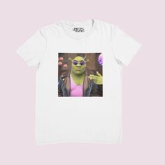 a white t - shirt with an image of the shrap