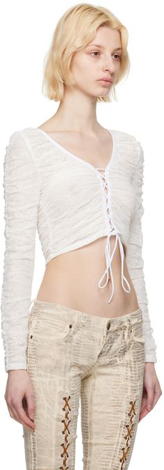 Stretch nylon lace blouse. Gathering throughout. · Scoop neck · Lace-up fastening at front and back · Full tulle lining Supplier color: Alabaster white Lace Top White, Yasmin Wijnaldum, Crochet Fairy, Alabaster White, White Lace Top, Neck Lace, Guess Jeans, Lace Blouse, Fashion Flats