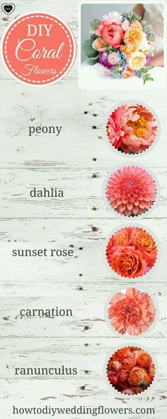 flowers are arranged in different colors and sizes on a white wooden background with the words diy card