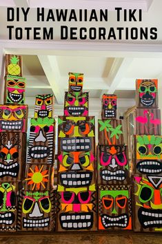 colorful tiki totems are displayed in front of a sign that says diy hawaiian tiki totem decorations