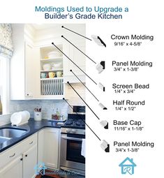 a kitchen with white cabinets and black counter tops, including the measurements for each cabinet