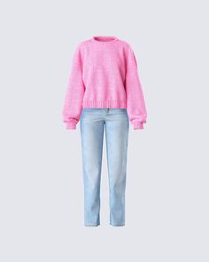 You can never go wrong with a simple and sleek moment 💕 This two-piece set pairs a pink chunky sweater top with blue denim straight leg jeans for the perfect cute and cozy everyday look 😚 Chic Pink Jeans For Fall, Casual Pink Sweater For Everyday, Casual Pink Everyday Sweater, Everyday Pink Sweater For Spring, Pink Casual Everyday Sweater, Pink And Blue Sweater, State Fair Outfits, Fur Boots Outfit, Soft Feminine Outfits