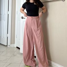 Cute Pink Trousers Tagged Size Xs But Runs Big, Listing As A Small But Refer To Measurements My Waist Is 25” And It Naturally Sits More At My Low Waist (Second Pic) Which Is 27-28” Also Very Long On Me But I’m 4’10” Lol Brand New With Tags Measurements Laying Flat: All Sales Final Smoke Free And Dog Friendly Home Bodysuit Available In Separate Listing High Waist Dress Pants With Loosely Fitted Hips, Pink Non-stretch Wide Leg Workwear Pants, Trendy Summer Full-length Dress Pants, Trendy Full-length Summer Dress Pants, Casual Pink Dress Pants For Summer, Pleated Palazzo Pants, Pink Trousers, Black Wide Leg Trousers, Palazzo Pant