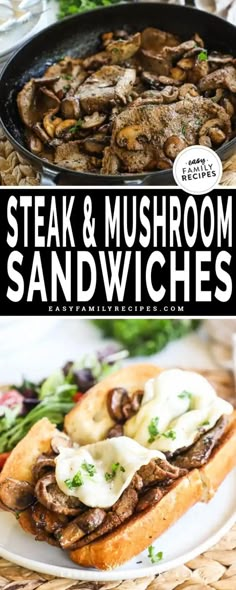 steak and mushroom sandwiches on a white plate