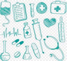 medical icons drawn in blue ink on a transparent background, including stethoscopes and