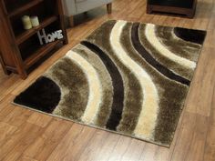 a brown and white rug on the floor in a living room