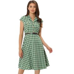 This retro plaid dress with a cap sleeve and a belted waist shows off your elegance. Suitable for daily wear, casual, work, office, vacation, dating, etc. Perfectly pair it with pretty bags and high heels for a sweet look. Classical plaid prints are never Outdated. The vintage and fashion style creates nice long lines up and down your figure and gives this lovely plaid dress a playfully charming look. Affordable Summer Plaid Dress For Daytime, Cheap Summer Plaid Dress For Women, Cheap Plaid Dress For Brunch, Cheap Chic Plaid Dress For Picnic, Dark Green Gingham Dress, Retro Dress Casual, Retro Plaid Dress For Work, Casual Plaid Office Dress, Casual Short Sleeve Plaid Dress With Buttons