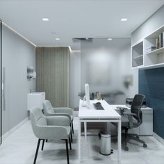 an office with two chairs and a desk