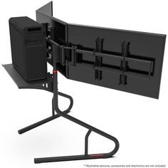 an image of a tv on a stand with two monitors attached to the back of it