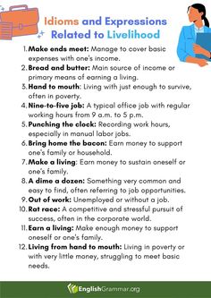 a poster with the words, idioms and expressions related to live / work