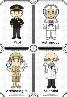 four different types of cartoon characters with their names in the middle one is pilot, astronaut, and scientist