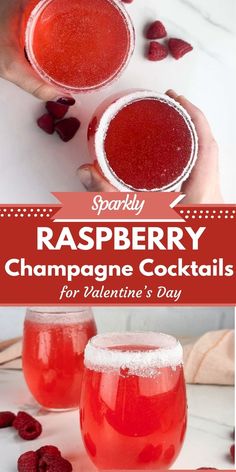 raspberry champagne cocktail in two glasses with strawberries on the side and text overlay reading sparkling raspberry champagne cocktails for valentine's day