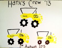 a handprinted drawing of three trucks with the names hank's crew on them