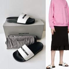 Balenciaga Logo Rubber Pool Slides Comes New In Box And Dust Bag (Slight Scuffs On Uppers From In Store Handling) 100% Authentic Size: Eu 38 (Comes In Whole Sizes Only: Fits Women Us 7.5-8) Approx 9.75” Insole Length Approx 3.25” Insole Width Color: White/Black Details: O Open Round Toe O Molded Rubber Footbed O Treaded Rubber Sole O Made In Italy Designer Slides With Flat Heel For Summer, Designer Slip-on Slides For Spring, Casual Slides With Branded Heel Counter For Spring, Designer White Slides For Summer, Balenciaga Sandals, Balenciaga Leather, White Leather Sandals, Balenciaga Women, Balenciaga Logo