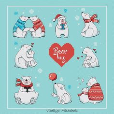 cross stitch pattern with polar bears in different positions and the words bear hug written on it