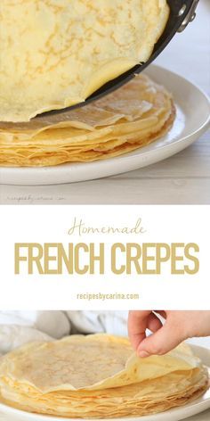 homemade french crepes on a white plate with text overlay that reads homemade french crepes