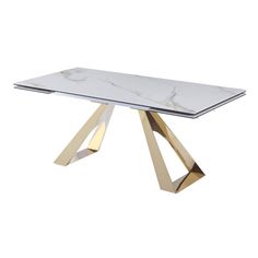 a white marble table with gold metal legs and an abstract design on the top, against a white background