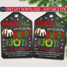 two christmas gift tags with the words wishing you and bundt joy