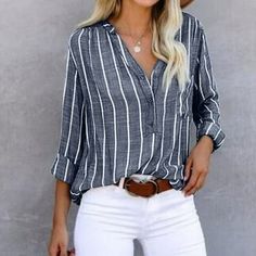 ICHUANYI Women's Fashion Striped Printed Shirts Single Breasted Long Sleeve Fall Blouse Promotion Size: XXL.  Color: Blue.  Gender: female.  Age Group: adult. Loose Striped Shirt, Striped Shirt Women, Oversized Blouse, Elegant Blouses, Shirt Blouses Tops, Look Casual, Outfit Casual, White Pants, Casual Blouse