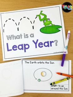 an image of what is a leap year? book with crayons and markers