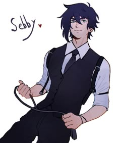 an anime character with black hair and suspenders, holding a wire in his hand