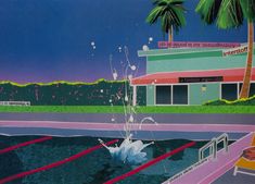 a painting of a pool with water spouting from it and palm trees in the background