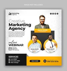 a flyer with two men in business attire on the front and back of it, which reads creative marketing agency