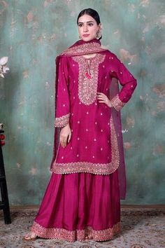 Shop for Niti Bothra Purple Silk Marodi Kurta Sharara Set for Women Online at Aza Fashions Embroidered Sharara, Kurta Sharara Set, Trendy Outfits Indian, Kurta Sharara, Beautiful Pakistani Dresses, Women Dresses Classy, Casual Party Dresses, Sharara Set, Embroidered Neckline