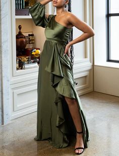 A-Line Evening Gown Elegant Dress Formal Christmas Sweep / Brush Train Long Sleeve One Shoulder Satin with Ruched Ruffles Gown Elegant, Dresses Formal Elegant, Evening Gowns Elegant, Dress Formal, Elegant Dress, Evening Gown, Evening Gowns, Ruffles, One Shoulder