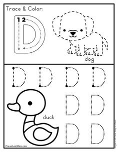 trace and color printable worksheet for kids with letter d, duck and dog