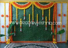 Indian Floral Decor, Indian Baby Shower Decorations, Leaf Decor Wedding, Hindu Wedding Decorations, Naming Ceremony Decoration, Simple Stage Decorations, Wedding Hall Decorations, Wedding Background Decoration, Simple Wedding Decorations