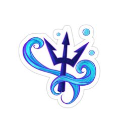 an arrow sticker with blue swirls and water droplets on the bottom of it