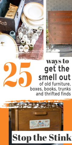 an advertisement for the furniture store with pictures of different items and text that reads 25 ways to get the smell out of old furniture boxes, books, trunks