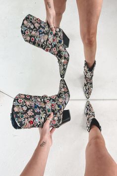 Flower power.. but let’s take it up a notch in these printed boots!! Cream ankle boots with multi print flowers throughout, pointed toe, black block heel Runs true to size Heel height is 3.5" Floral Boots Nordstrom, Irregular Choice Ankle Boot, Cream Ankle Boots, Girl Boss Book, Boots Cream, Printed Boots, Beaded Ankle, Black Block Heels, Amazing Lace