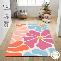 a colorful flower rug is on the floor