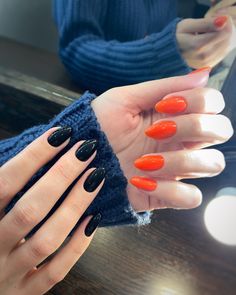 Mixing it up with black and vibrant orange nails! 🖤🧡 Matte Black And Orange Nails, Black And Orange Acrylic Nails, Black And Orange Nails Ideas, Halloween Nails Orange And Black, Black Orange Nails, Black And Orange Nail Designs, Orange Black Nails, Orange And Black Nail Designs, Black And Orange Nails