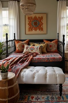 a bedroom with a large bed and lots of pillows