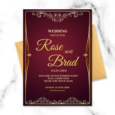 a wedding card with the word rose and brad in gold lettering on a maroon background