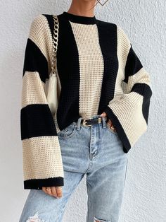 Black and White Casual Collar Long Sleeve Fabric Colorblock Pullovers Embellished Non-Stretch  Women Knitwear Beige Pullover, Winter Mode, Sleeves Clothing, Long Sleeve Knit Sweaters, Moda Vintage, Pullover Sweater Women, Beige Sweater, Look Casual, Outfit Casual