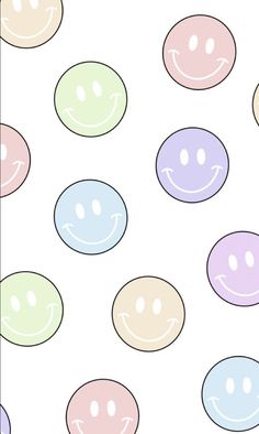 an image of many smiley faces on a white background with blue, pink, and green circles