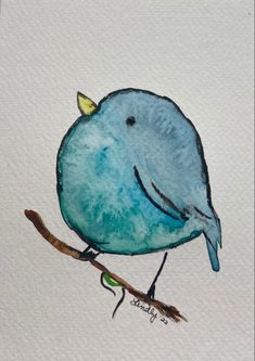 a watercolor painting of a blue bird sitting on a branch