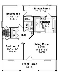 the floor plan for a small house with two bedroom and an attached kitchen area,